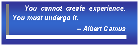 Text Box: You cannot create experience. You must undergo it.  -- Albert Camus    
